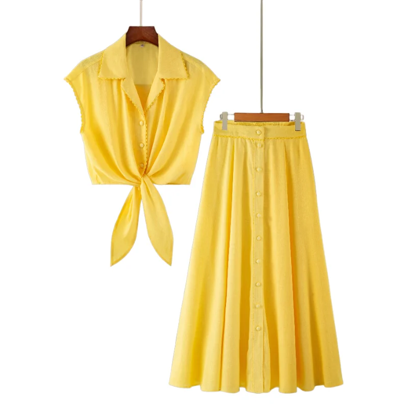 

Summer Collection | Lemon Yellow Tie-Waist Blouse & A-line Skirt Set | Turn-Down Collar Short Sleeve Top | US2-US10