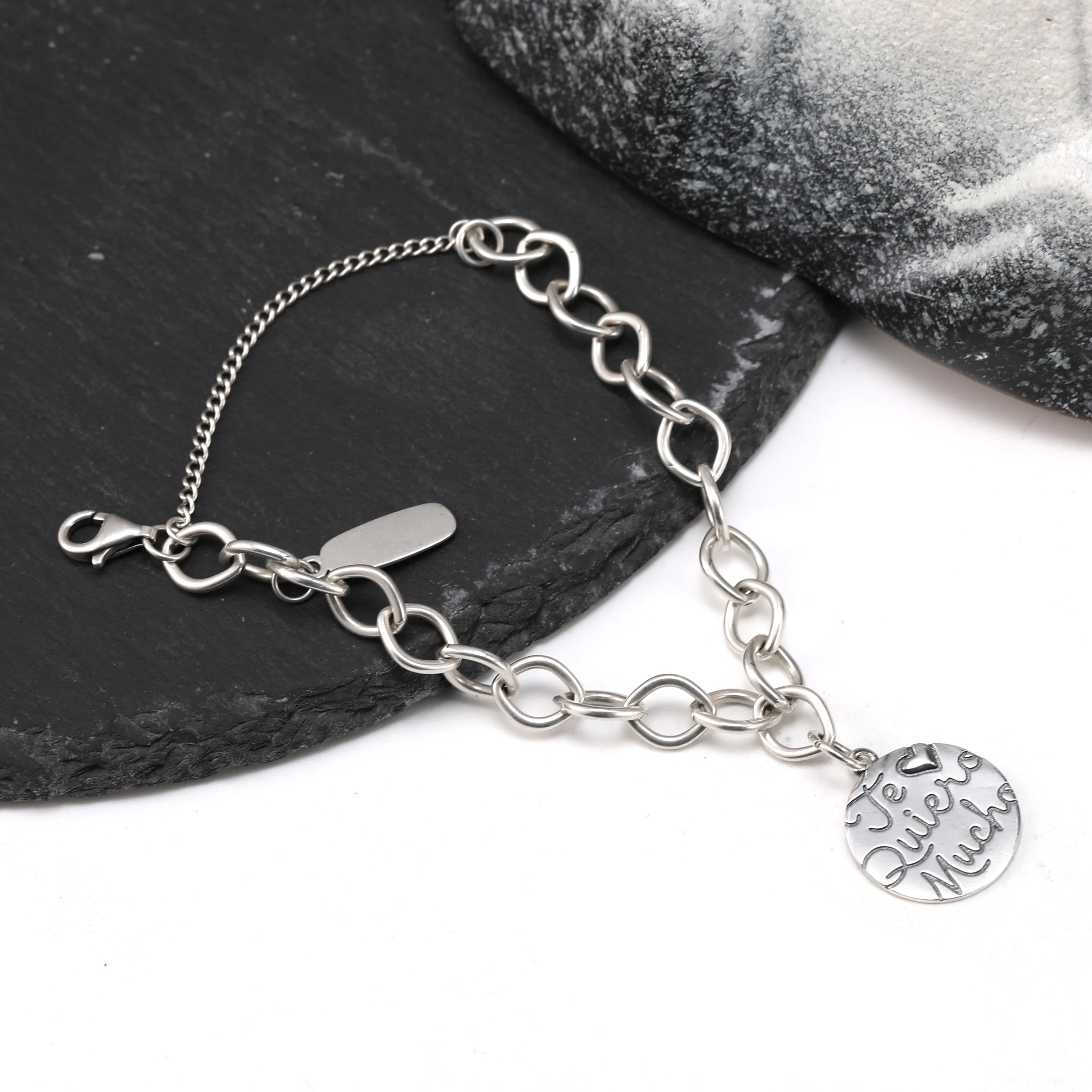 

Genuine 925 sterling silver Forged Link Charm Bracelet paired with an "I love you very much" pendant