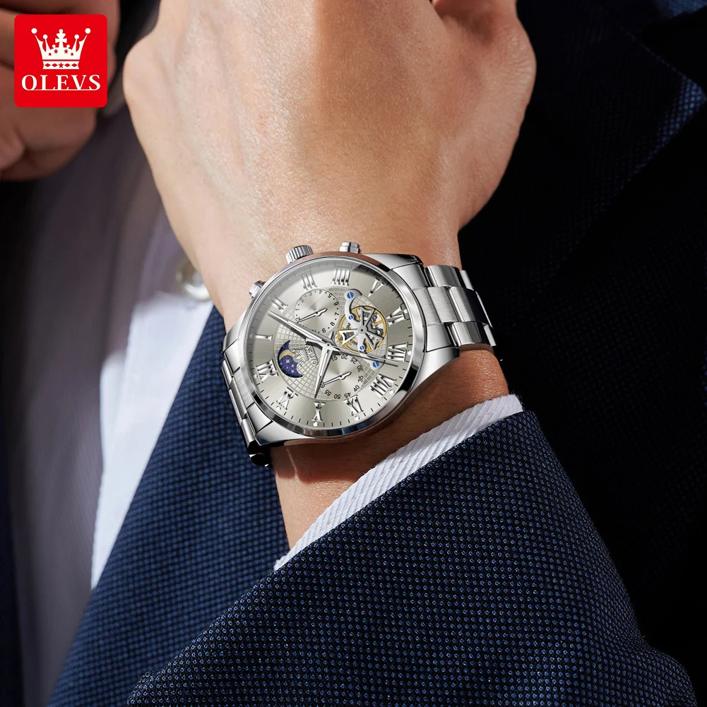 OLEVS 3640 Mens Watch Original Multifunctional Chronograph Quartz Watch Waterproof Luminous Watch For Men Moon Phase Mens Gifts