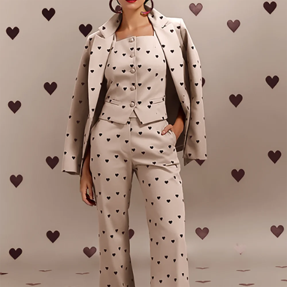 Chic Women's Suits Heart Print Three Pieces Blazer+Vest+Pants Set Matching Coords Outfit for Summer Notch Lapel Formal Wear