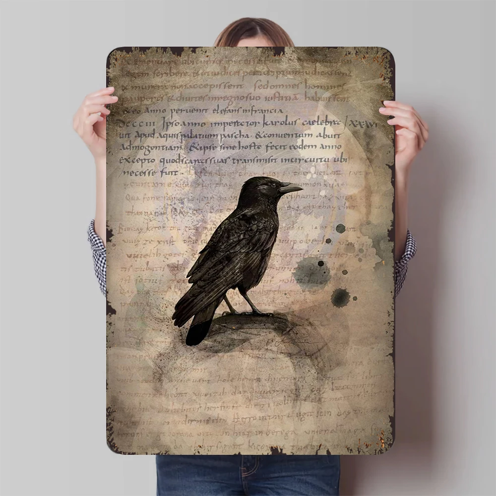 Vintage Crow Metal Wall Art on Parchment Background European Style Home Decor for Living Room Study