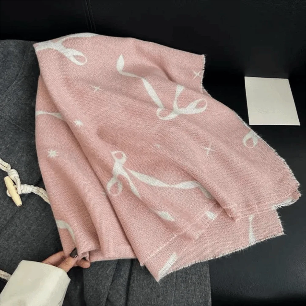 

Модный шерстяной шарф с бантом и принтом, утепленный холодостойкий зимний кашемировый шарф, теплые длинные женские кашемировые шаль для девочек