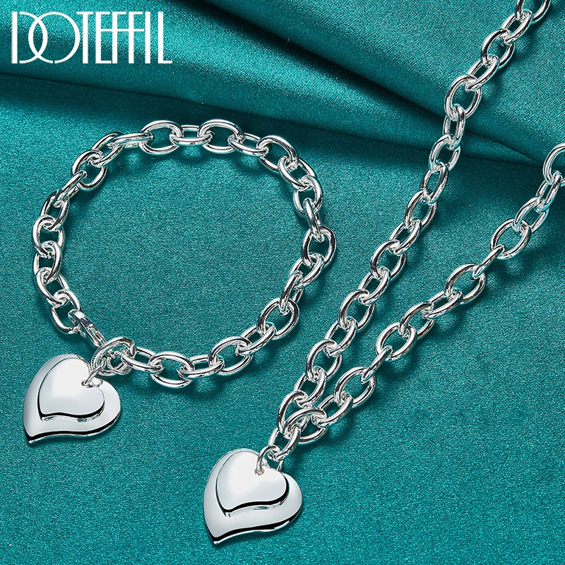 

DOTEFFIL 2pcs 925 Sterling Silver Two Heart Necklace Bracelet Set For Women Man Wedding Engagement Party Jewelry