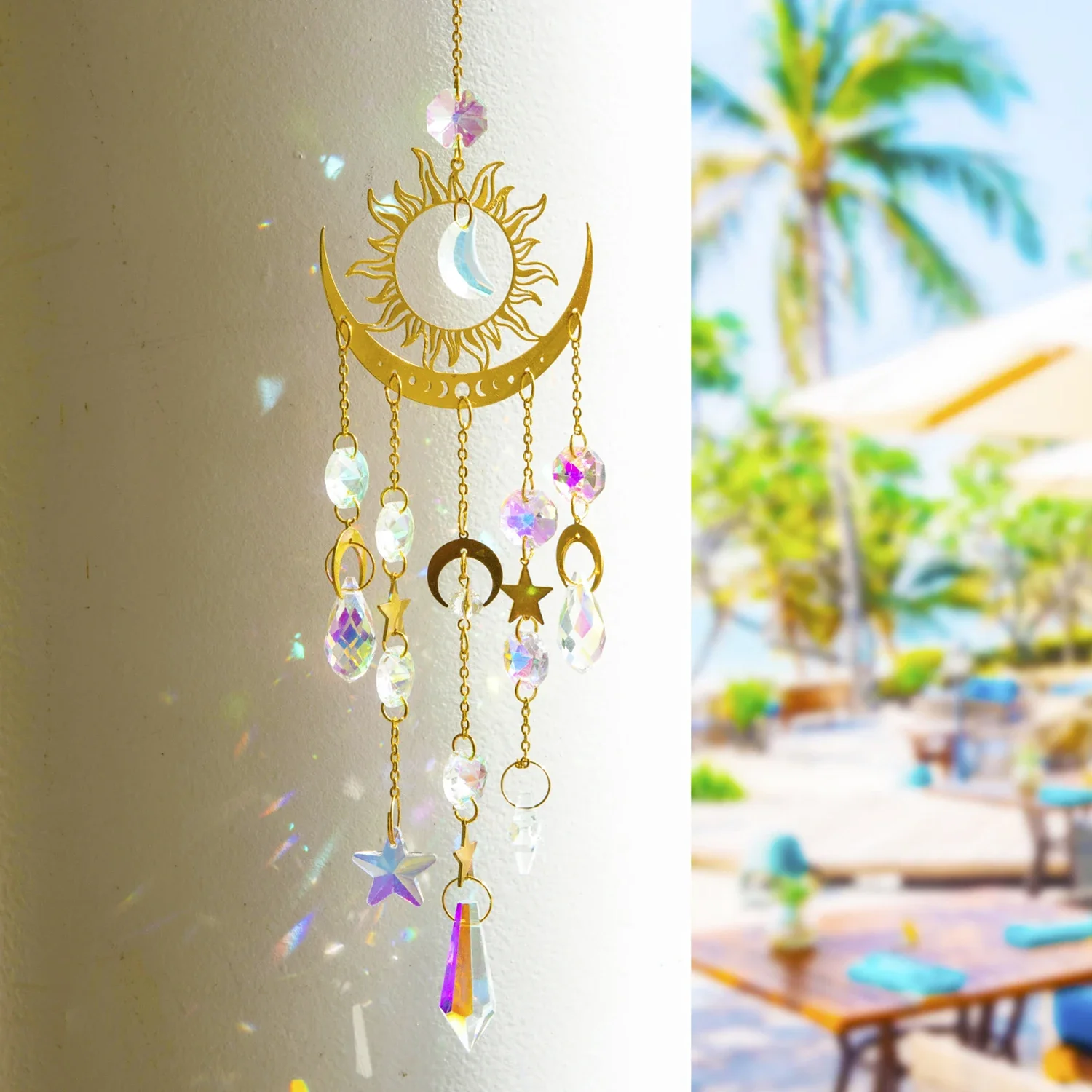 

1pc Gold Flame Moon Crystal Pendant Sunlight Catcher Outdoor Garden Ab Colourful Hanging Decorations Hanging Ornaments