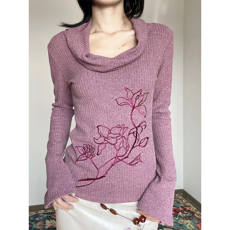 سترة نسائية كلاسيكية مكشوفة الأكتاف بلوفرات هاراجوكو محبوكة بالزهور أنيقة مضيئة بأكمام طويلة ملابس تريكو شتوية كورية