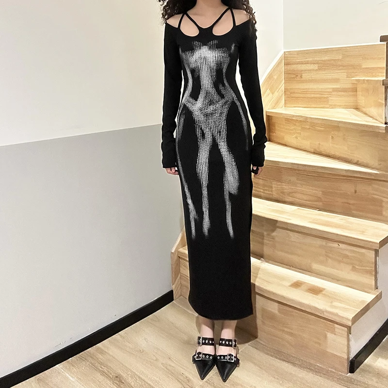 Chic Design Abstract Printing Long Sleeve Dress Women's Tight Waist Sexy Inspirational Split Long Skirt Evening Dresses V-Neck