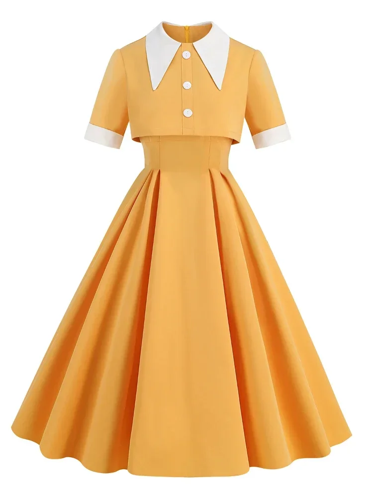 Summen Women Turn-Down Collar Short Sleeve Maxi Dress Pleated Tunic Dresses Hepburn Casual Preppy Style 2 Piece Shirt Long Dress