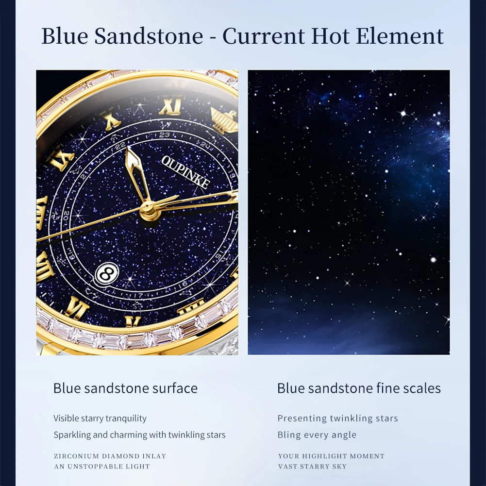 OUPINKE 3203 ساعة أوتوماتيكية يابانية للنساء أنيقة الماس السماء المرصعة بالنجوم الهاتفي مضيئة مقاوم للماء ساعة ميكانيكية فاخرة للسيدات