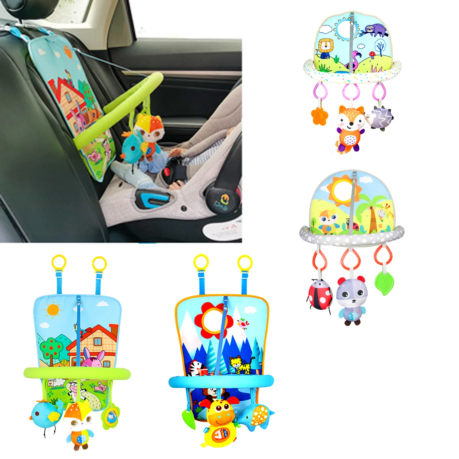 Asientos de coche infantiles de juguete para bebés, centro de actividades de juego de animales de felpa con estera, estante de viaje divertido, asientos traseros de coche, conducción más fácil con bebé