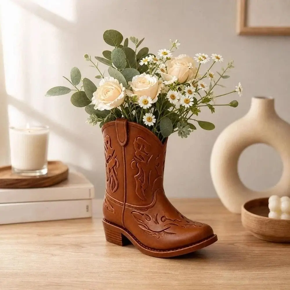 3D Printed Cowboy Boot Statue Hollow Design Multi-Functional Pencil Holder Organizer Desktop Size Vintage Style