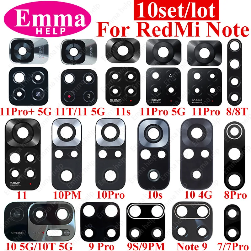 EmmaHelp10Pcs Lente de cámara trasera de cristal para Xiaomi Redmi Note 11 11S 11T 10 10S 9 9S 8 7 Pro trasera con pegamento