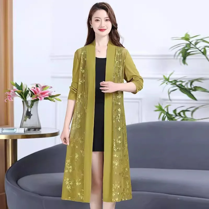 Women Lace Hollow Shawl Coat Mid-length Women Summer Long-Sleeved Cloak Coat Female Thin Air-Conditioning Shirt Sunscreen Clothe