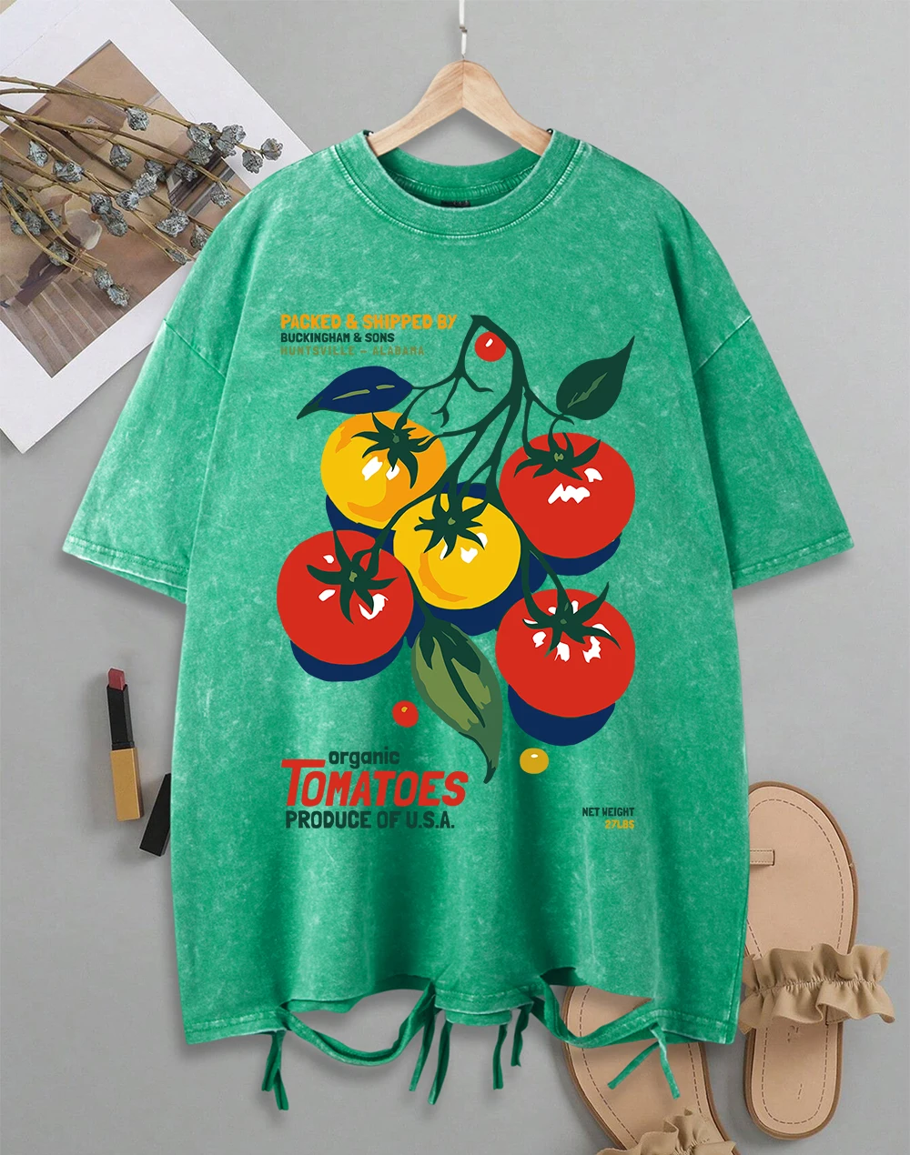 

Organic Tomatoes Produce Of Usa Print Washed Holes T Shirts Women Summer Cotton Tops All-Match Loose T-Shirts O-Neck Clothes