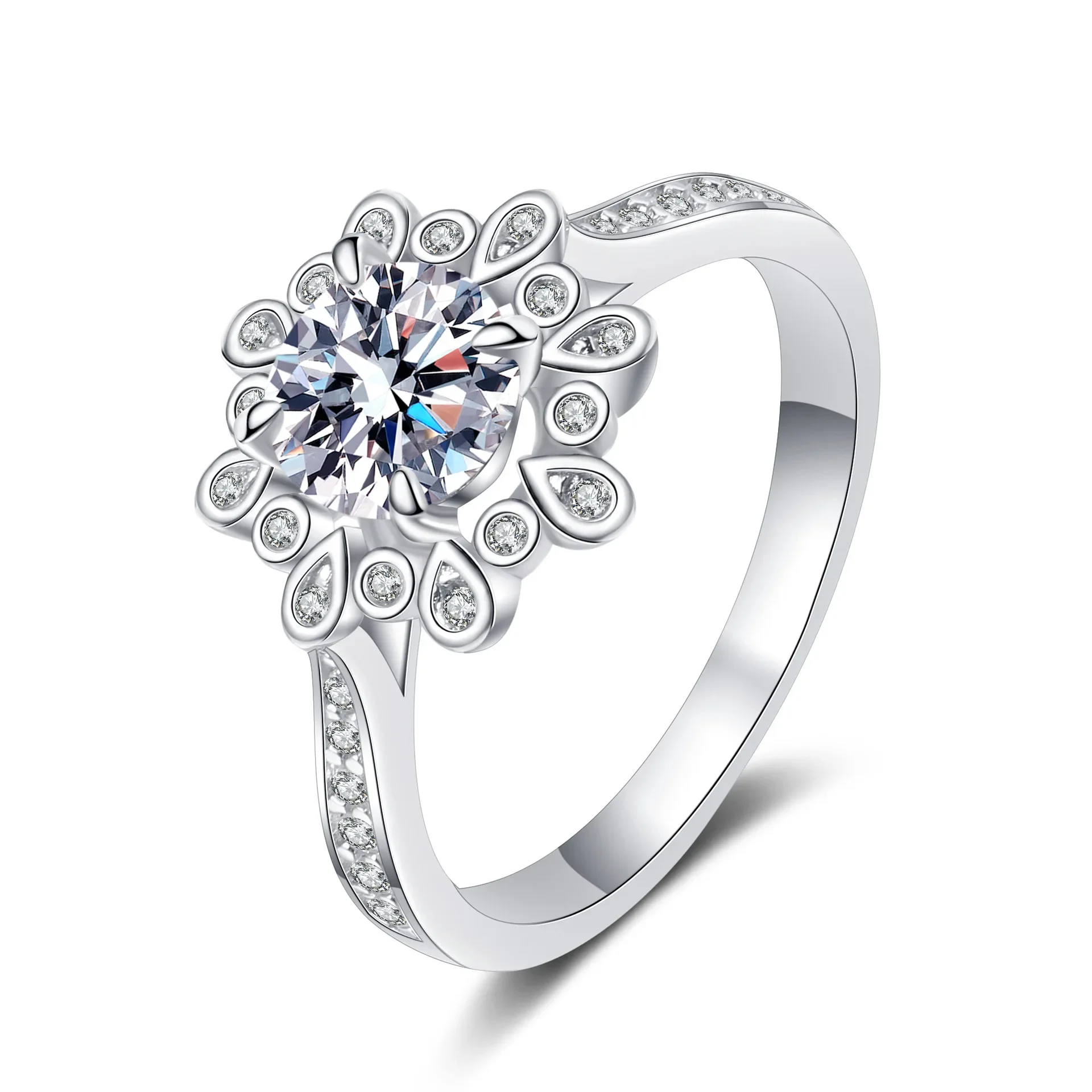 

1.0ct Moissanite S925 Silver Rings for Women Plated Platinum Lotus Seedpod Wedding Diamond Band Trendy Jewelry Wholesale