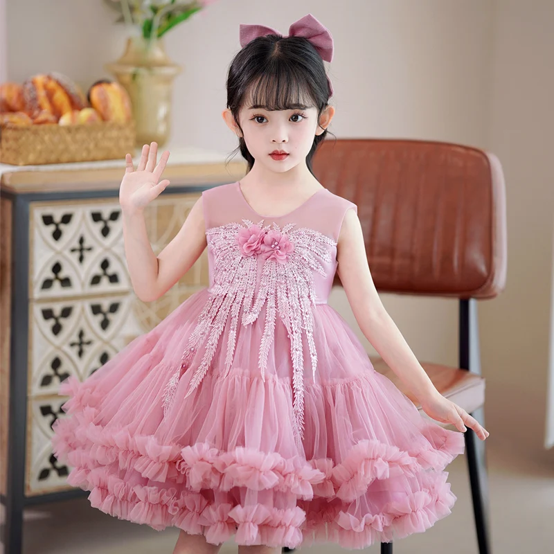 Girls sleeveless princess skirt mesh gauze pompous short style jumpsuit bow daily seaside holiday 8189