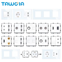 TAWOIA DIY UK EU Standard TV Satellite USB RJ45 Jack CAT6 TEL HDMI VGA Earphone 2pin Socket Button Switch With Glass Frame Panel