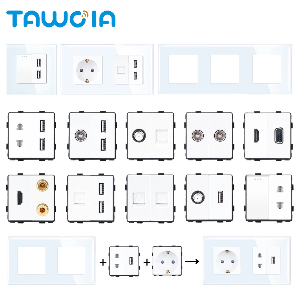 TAWOIA DIY UK EU Standard TV Satellite USB RJ45 Jack CAT6 TEL HDMI VGA Earphone 2pin Socket Button Switch With Glass Frame Panel