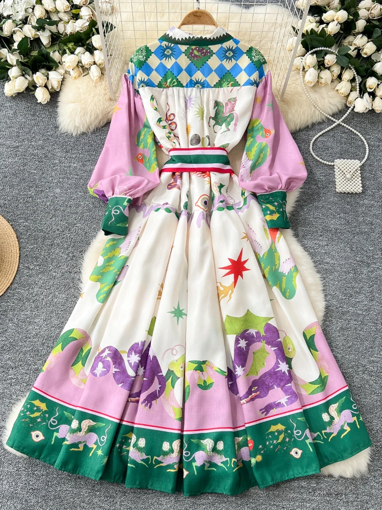 2024 Vestidos De Mujer Autumn Floral Dresses for Women Lantern Sleeve Robe Femme Vintage Slim Waist Bandage Temperament Dress