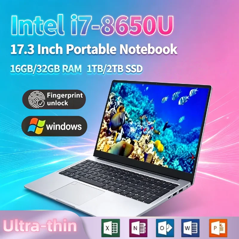 Intel Core i7 8650U 17.3 Inch Full Size Laptop 16GB RAM 2TB SSD Fingerprint Unlock High Performance Work Gaming Pro