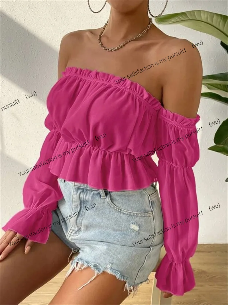 

ZOCI-2025 Fashion Sexy Women's Off-Shoulder Top, Solid Color Bubble Sleeve Long Sleeve Shirt, Ruffled Robe-Style Top