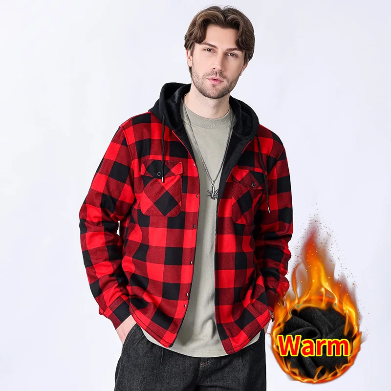 Autumn and winter fleece hooded plaid coat loose extra thick casual large size men\'s long-sleeved shirt warm American size