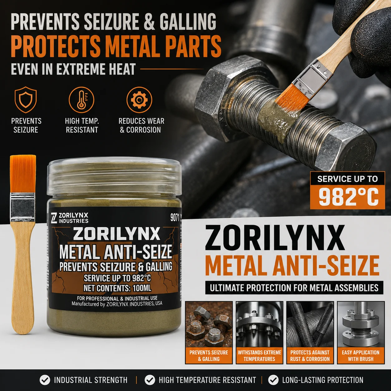 

Industrial Metal Anti-Seize 100ml with Brush Service To 982°C Prevents Rust and Seizure for Machine Maintenance ZORILYNX