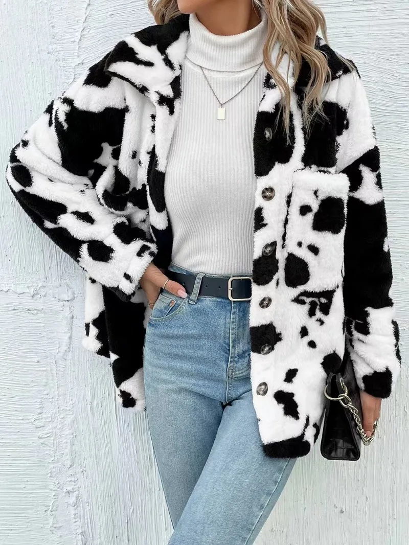 Women\'s Loose Top Cows Printed Coat Sweatshirts Autumn Keep Warm Clothes Women Winter Furry Cows Pattern Coat Sweatshirts Hot