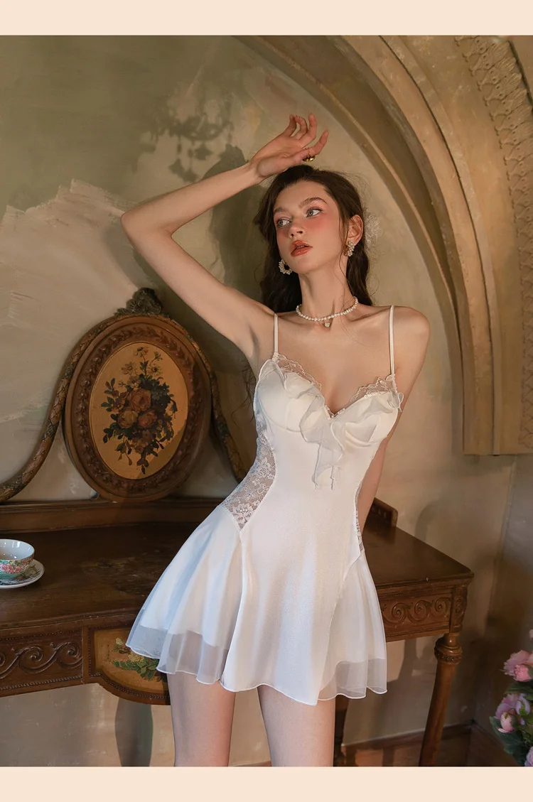 Sexy Dessous Pyjamas Damen Nachthemden Sommer Eisseide mit Brustpolster Unterwäsche Kleine Brust Spitze Straps Nachthemd Dünn – Detail 4