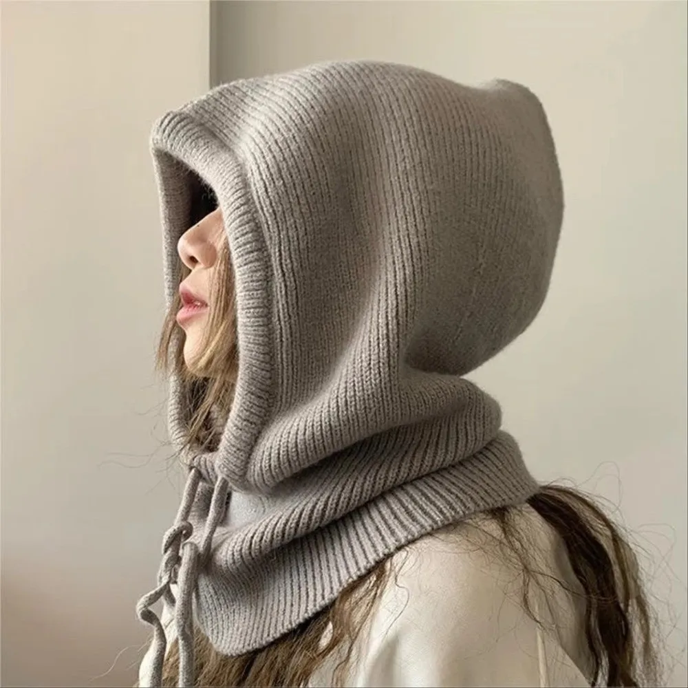 Thick Winter Knitted Hooded Caps Windproof Warm Insulation Balaclava Hat Drawstring Adjustable Elastic One-piece Neck Collar