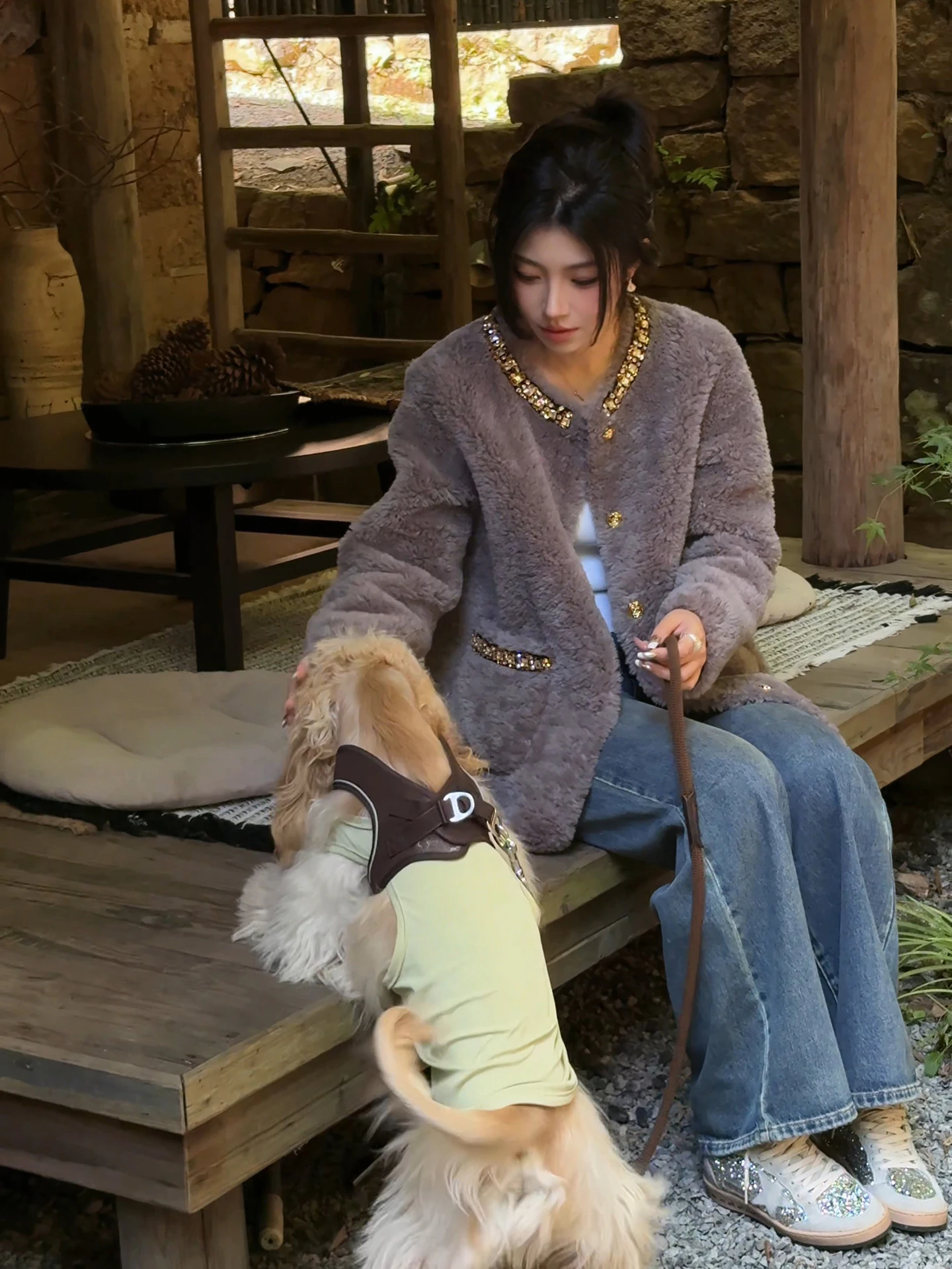 

Mei Teddy Fur Series Sparkling Night 00 Wool Lamb Fur Jaet Women's Luxury Sle Loose Fit Long Sve Mid-Length Coat