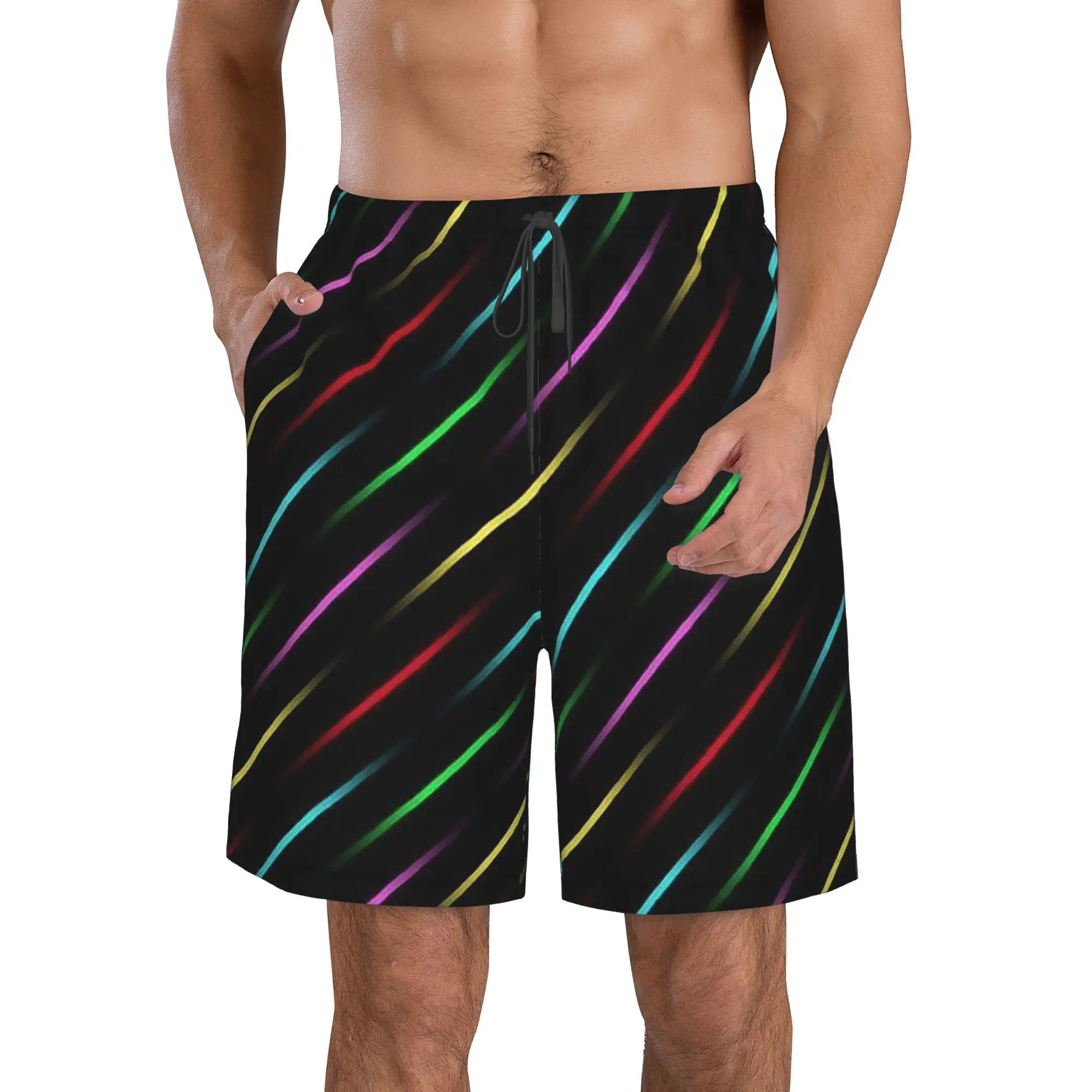 Printed Rainbow Stripes Trunks Beach Board Shorts Casual Quick Dry Swimming Summer Men Pants