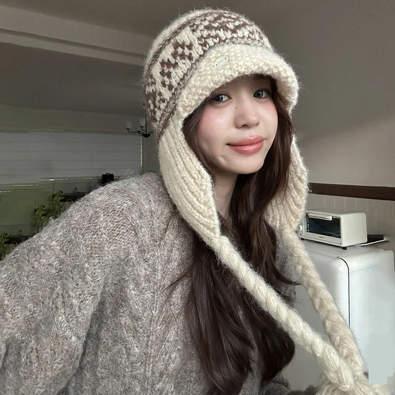 Winter Vintage Trapper Aviator Hat for Women Earflap Warm Wool Blended Knitted Hat Ear Protection Outdoor Skiing Protectors Hats