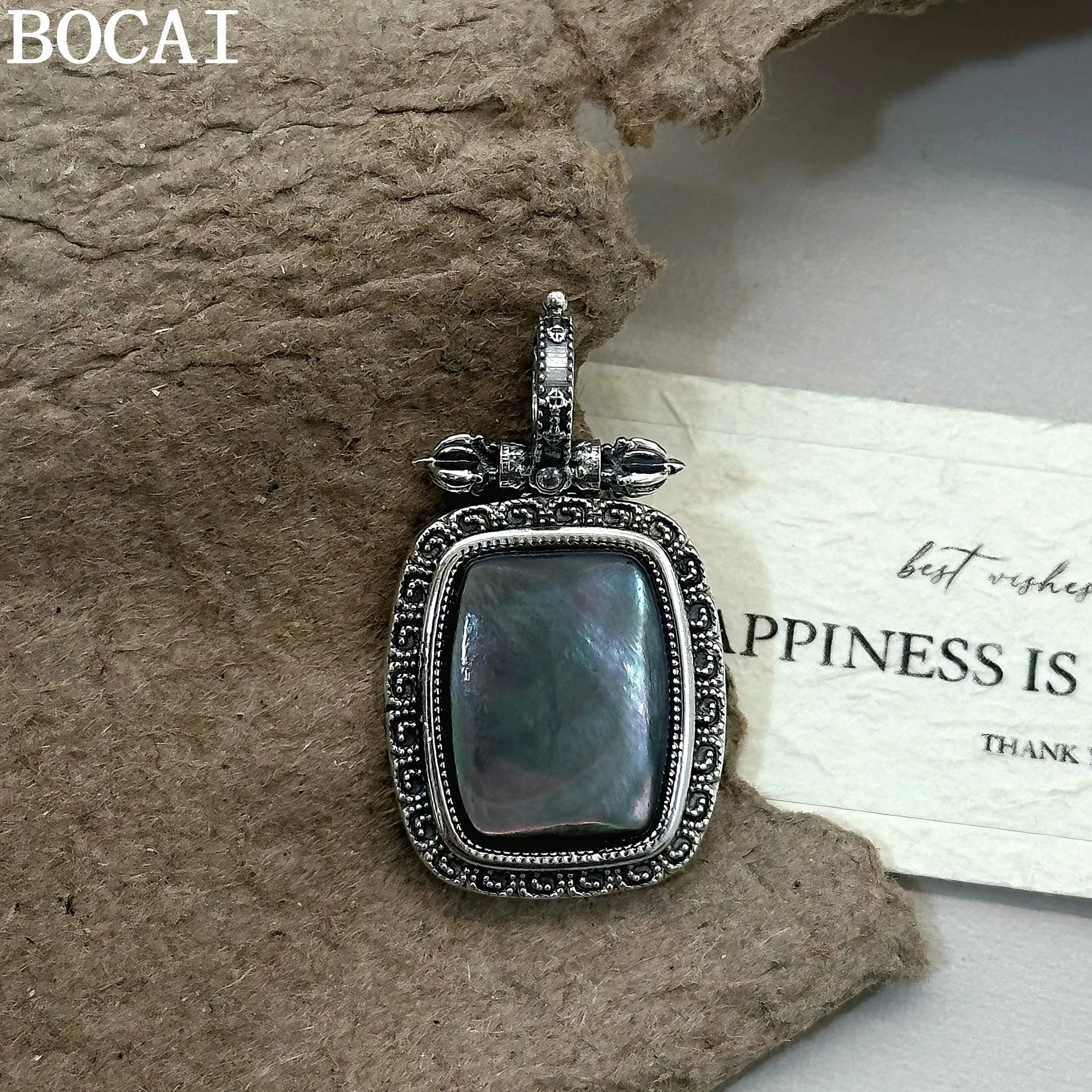 

BOCAI New S925 Sterling Silver Retro Minimalist Diamond Pestle Square Natural Shell Pendant