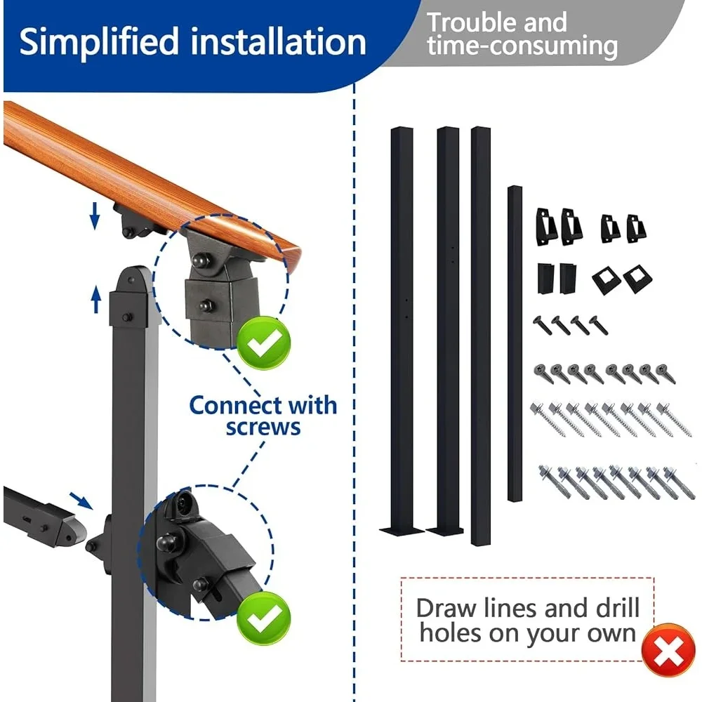 Adjustable Stair Handrail Kit Indoor Outdoor Durable Iron Railing 1-2 Steps Easy Installation with Rust Proof Connectors