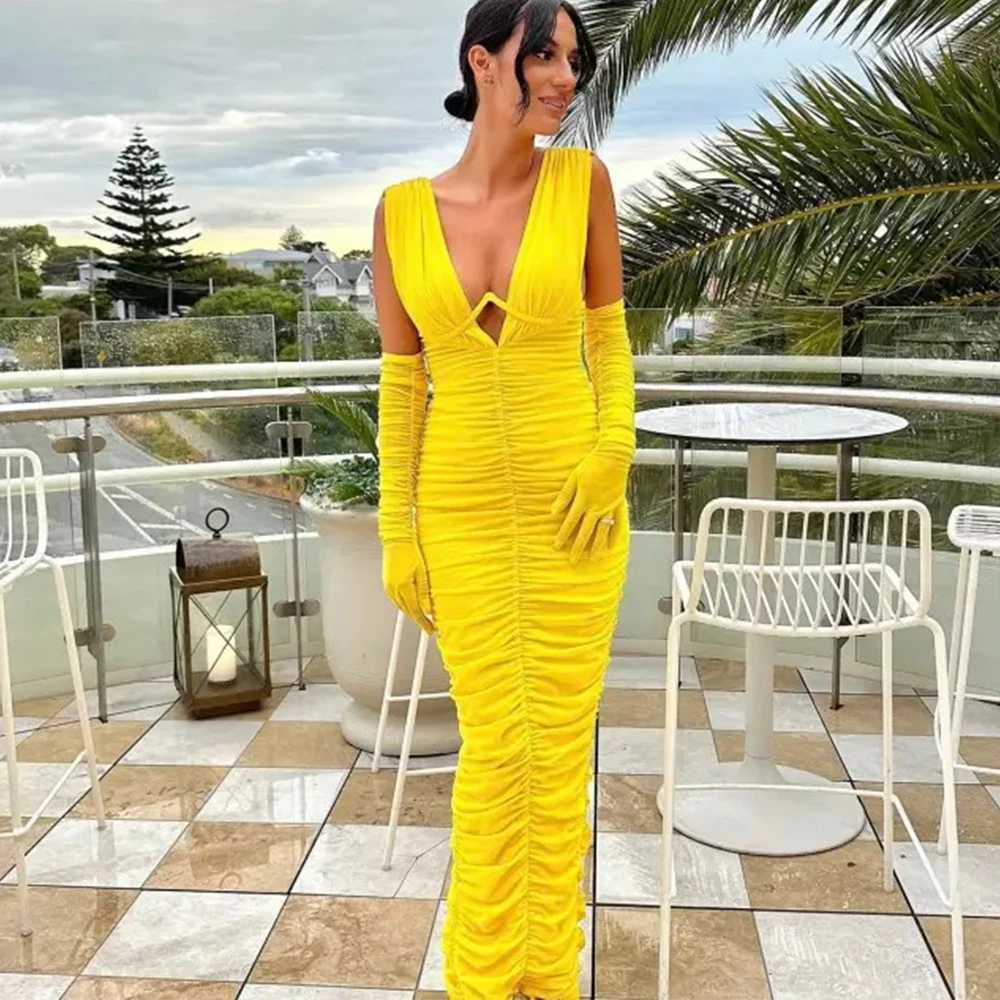 

Yellow Dress for Women Sexy Sleeveless V Neck Ruched Long Dress Pleated Maxi Bodycon Robe Elegant Gowns Celebrity Party Dresses