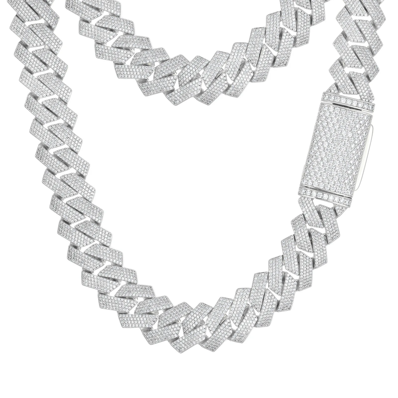 Thick PT950 Platinum necklace for men features 20mm chain and four-row rhombus layout, clear artificial diamonds enhance street