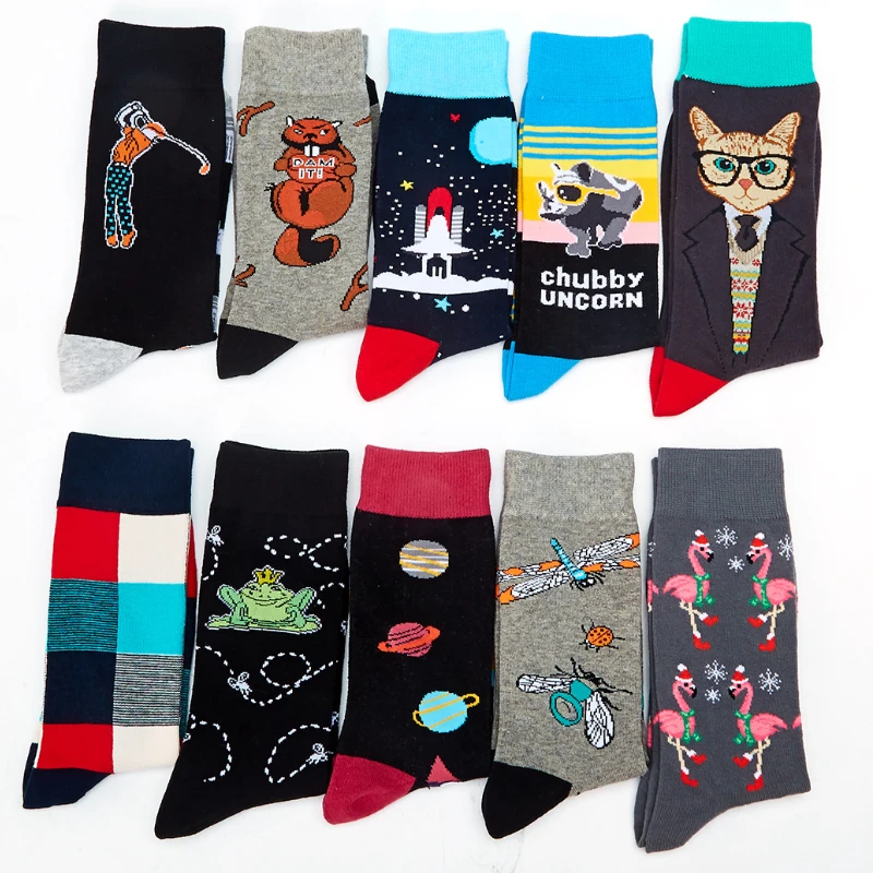 Fashion Combed Cotton Men Socks Casual Harajuku Cartoon UFO Cat Frog Flamingo Hip Hop Skateboard Crew Socks