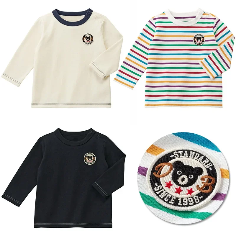 

Girl Clothes MIKI Kids Spring And Autumn Boy Solid Color Striped Black Bear Badge Long Sleeve T-shirt Top