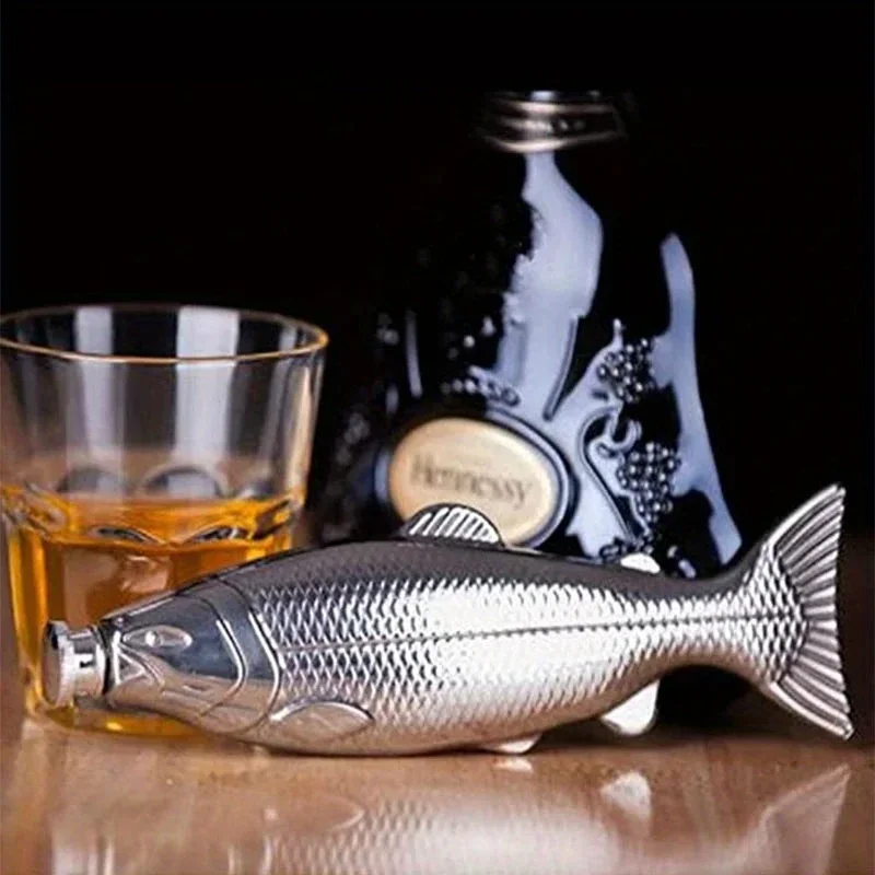 1pc Stainless Steel Fish-Shaped Wine Flask Set with Funnel Polished Oval Design for Food Service & Home Use