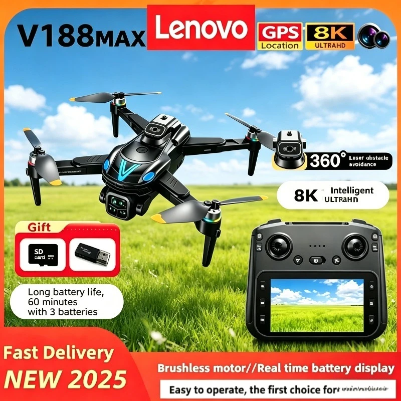 Lenovo V188MAX GPS 8K Drone 4K Professional Camera Aerial FPV Brush Avoiding Obstacle Remote Control Folding Drone with Screen
