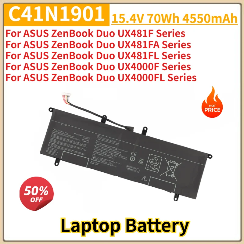 C41N1901 Laptop Battery 15.4V 4550mAh for Asus ZenBook DUO UX481F UX481FA UX481FL UX4000F UX4000FL Series Replacement Battery