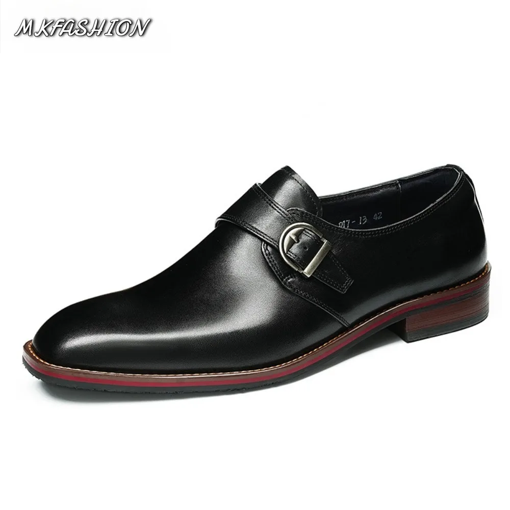Men's  Business Dress Shoes British Style Genuine Leather Square Toe Monk Buckle Strap Slip On Flats Footwear