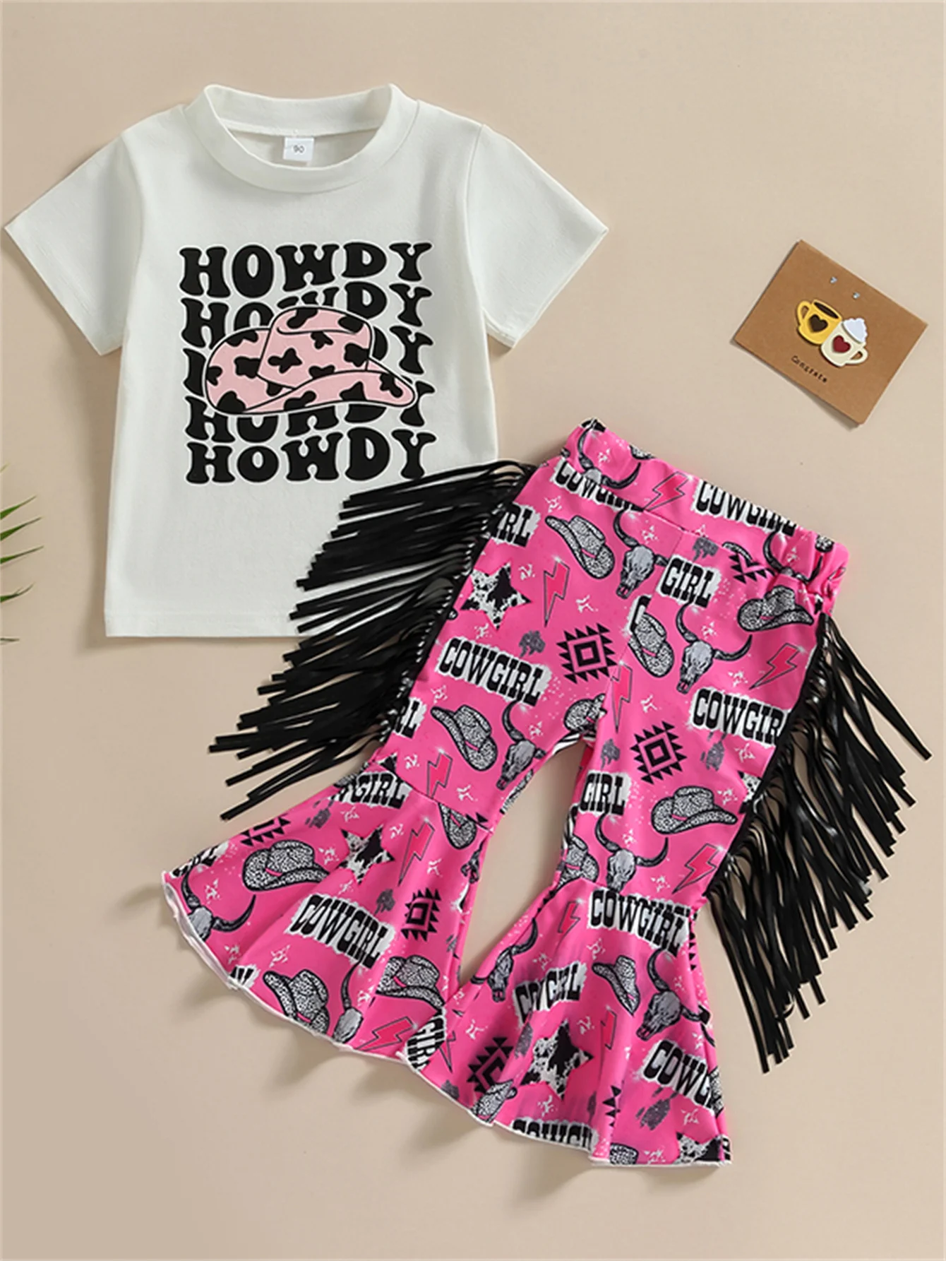 2pcs Toddler Girls Western Cowboy Hat And Letter Graphic Casual T-Shirt Tops & Tassel Bull Head And Lightning Graphic Flare Leg