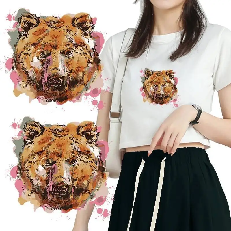 

Large size Bear Animal Iron On Patches For DIY Heat Transfer Woman and Man Clothes T-Shirt Thermal Stickers Decoration Printing