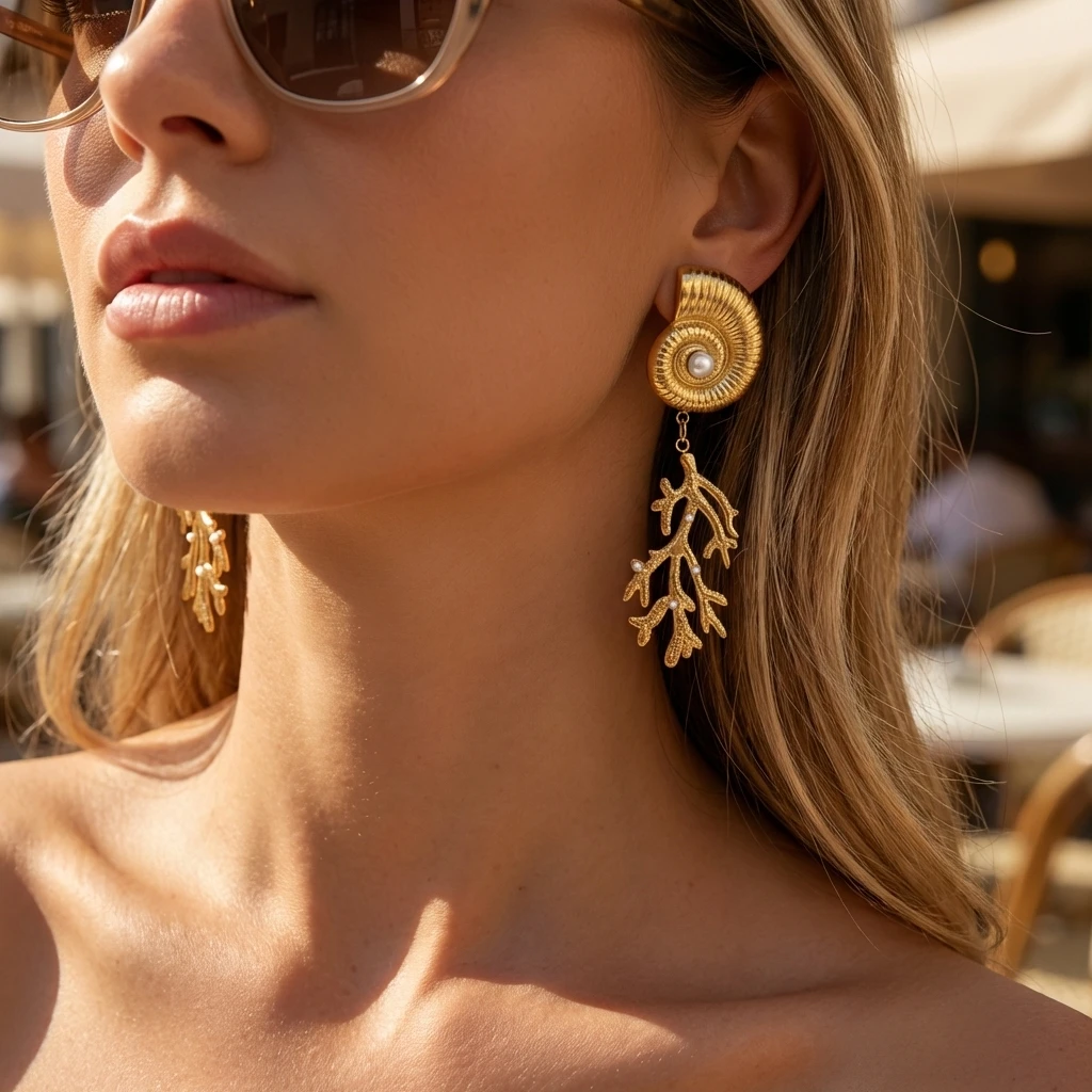 Pendientes colgantes de estrella de mar doble azul exagerados para mujer, con elementos marinos de moda, diseño de cangrejo y coral, joyería de moda para chica