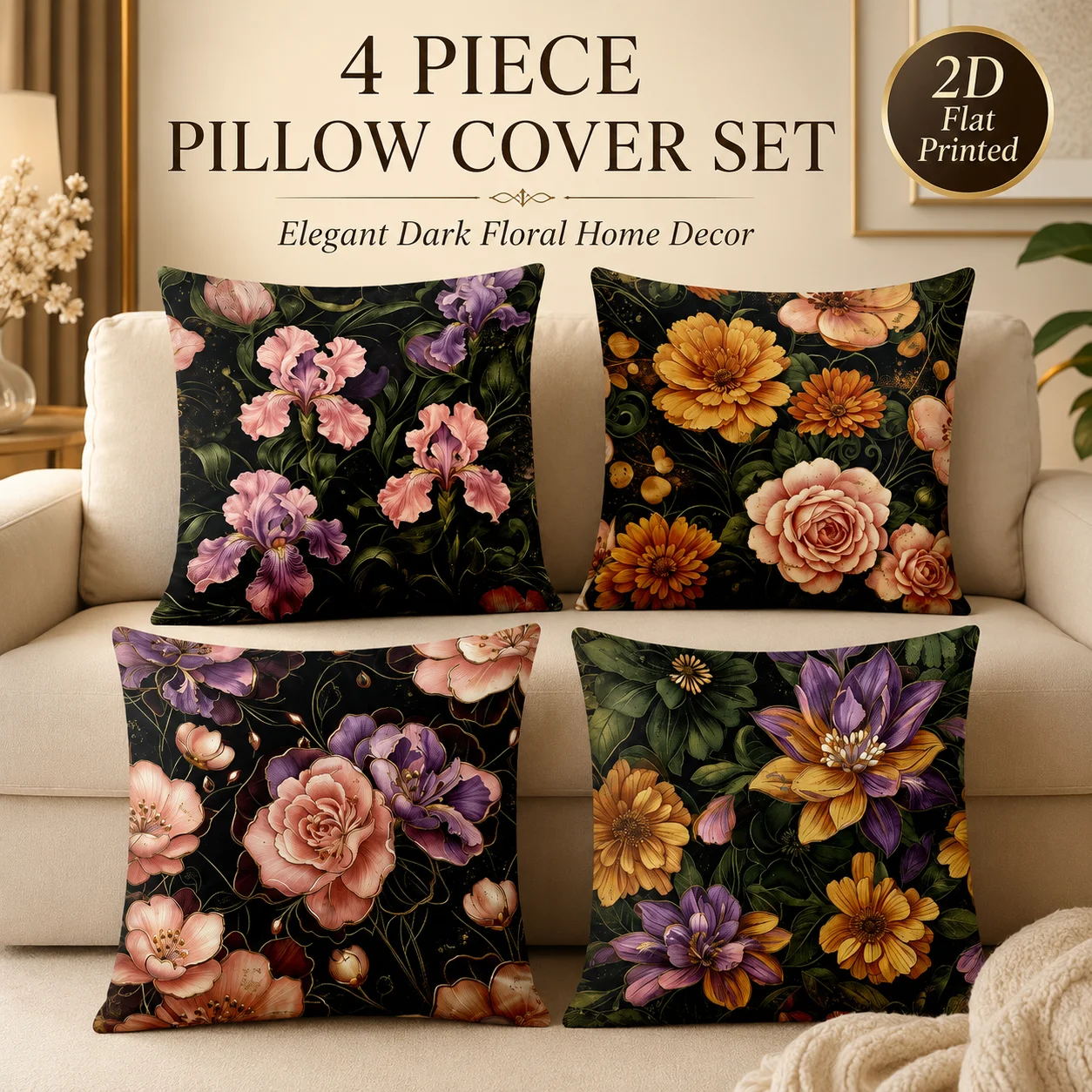 

Dark Floral Cushion Covers 2D Flat Printed Peach Skin Set Of 4 Moody Botanical Coussin Throw Pillow Case Luxury Room Decor Art