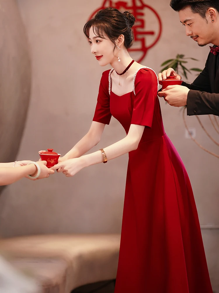 

Летнее тонкое свадебное платье с квадратным вырезом, красное, для помолвки, для будущей невесты, подходит для повседневной носки