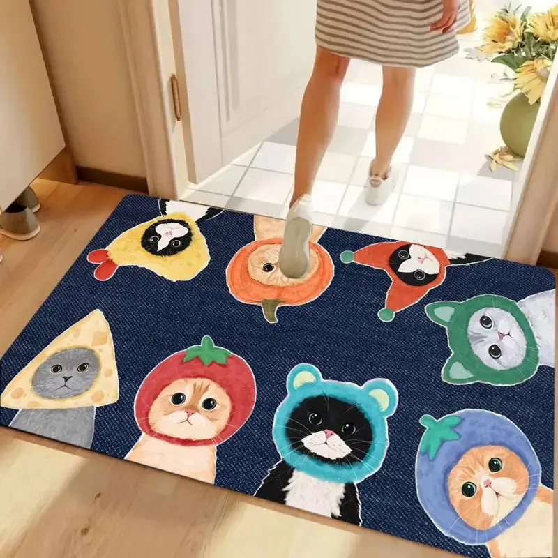 VIKAMA Three Cats Headscarf Door Mat Star Print Non Slip Rug For Entryway Front Door Indoor Outdoor Cute Pet Kawaii Decor