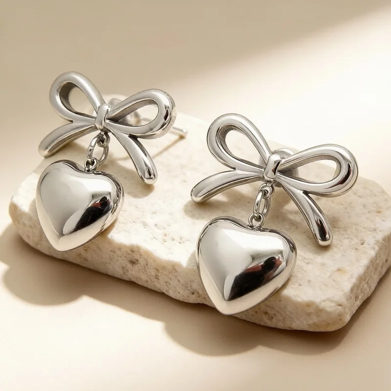 Kalen Stainless Steel Bow Heart Drop Earrings For Women Silver Bowknot Puffy Heart Dangle Earrings Jewelry Gift