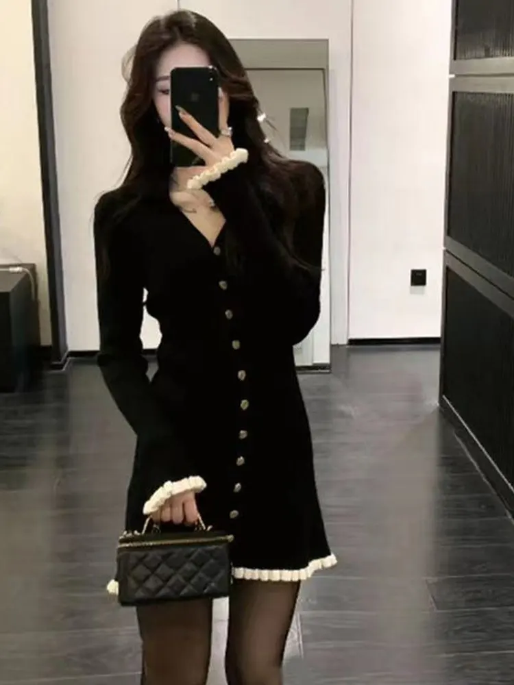 

Bla Sexy ort Hebe Sle Women's Dr Versatile Slimming Pure Desire Autumn Winter Knitted High Waist Long Sve V Ne